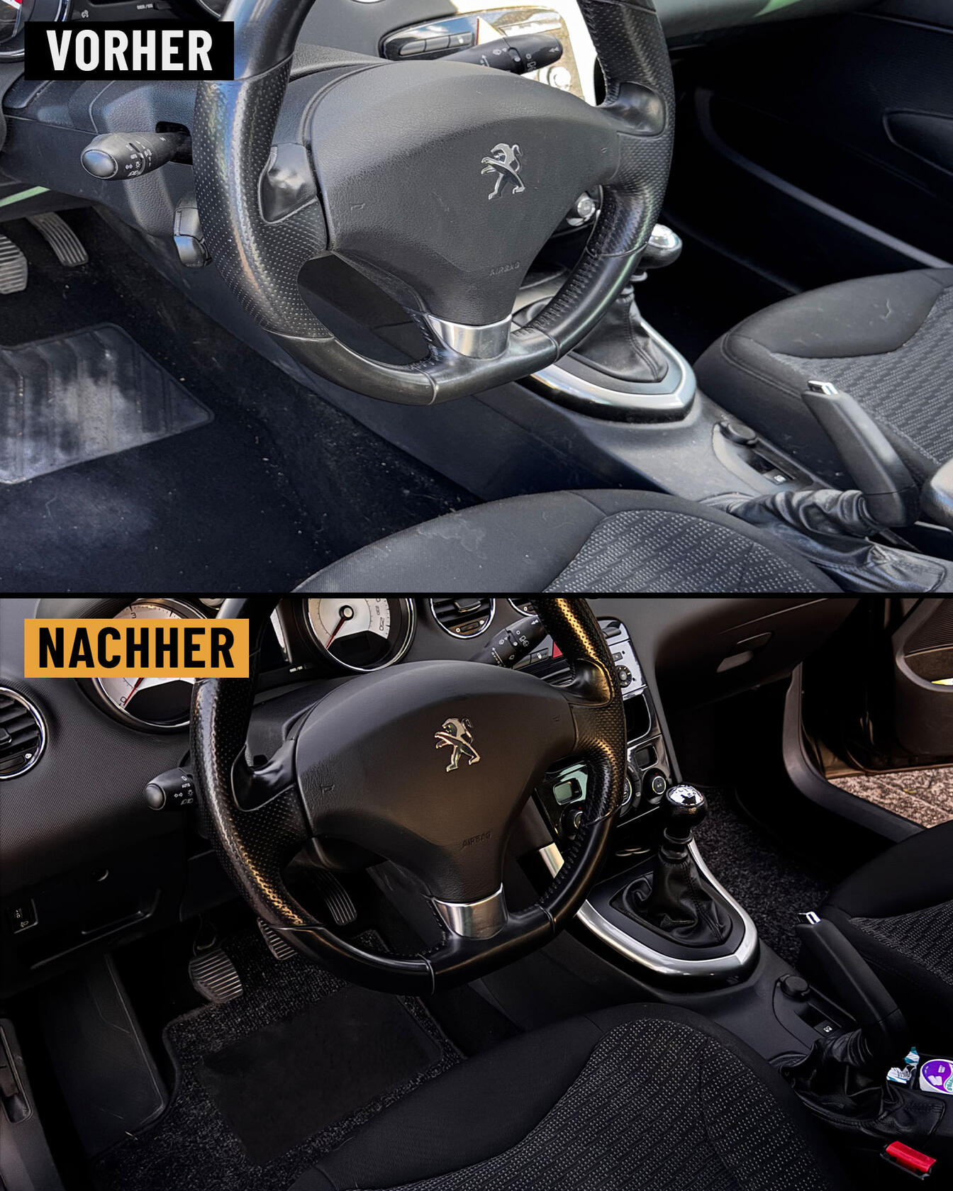 Cockpit: Dreck entfernt und Leder gepflegt Verschmutzter Fußraum und Lederlenkrad vor und nach der Reinigung und Lederpflege